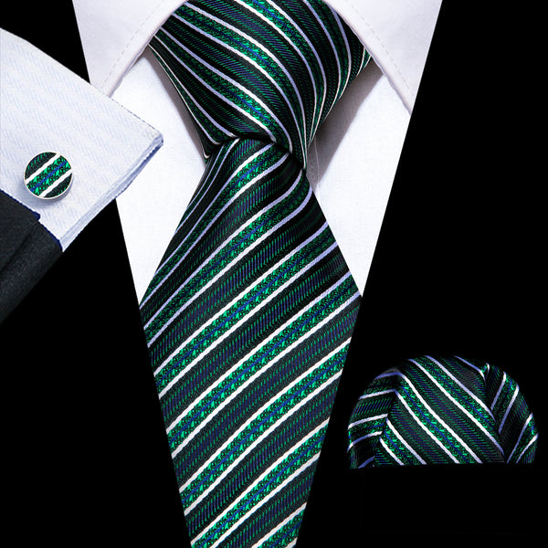 Green White Striped Men's Necktie Pocket Square Cufflinks Set