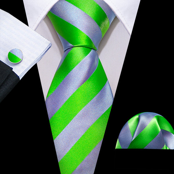 Green Blue Striped Silk Necktie Pocket Square Cufflinks Set
