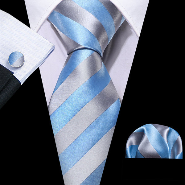 Blue Silver Strip Silk Tie Pocket Square Cufflinks Set