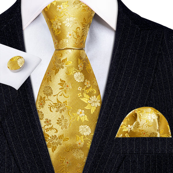 Golden Floral Silk Tie Pocket Square Cufflinks Set