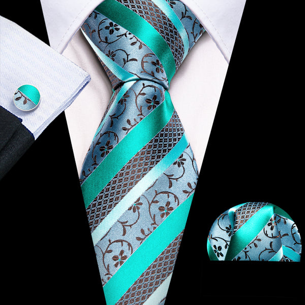 Teal Blue Floral with Striped Silk Tie Pocket Square Cufflinks Set
