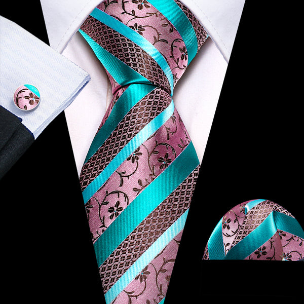 Rose Pink Blue Striped with Floral Silk Tie Pocket Square Cufflinks Set