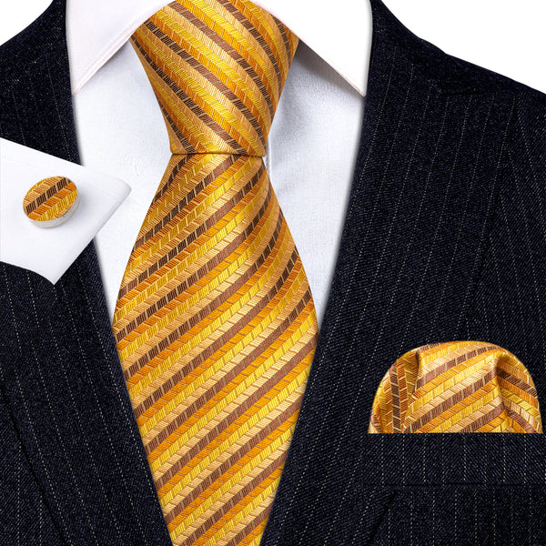 Golden Yellow Striped Silk Tie Pocket Square Cufflinks Set