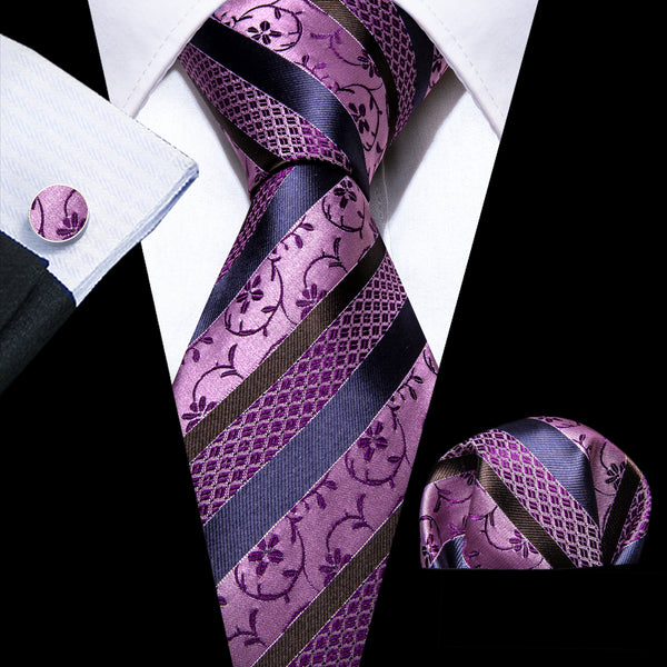 Purple Blue Striped Silk Tie Pocket Square Cufflinks Set