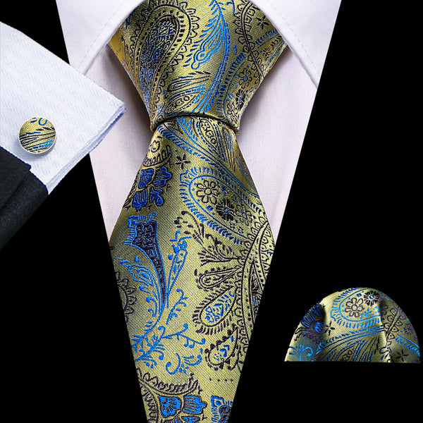 Teal Blue Golden Paisley Silk Tie Pocket Square Cufflinks Set