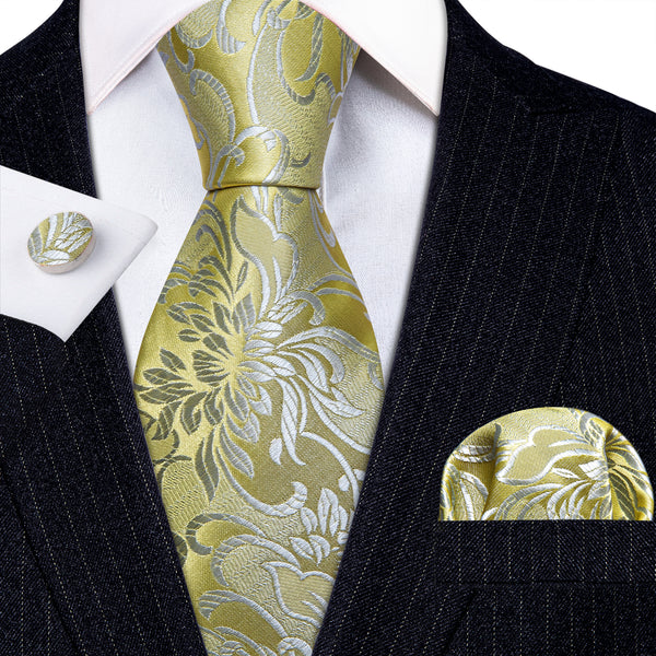 Light Green Floral Silk Tie Pocket Square Cufflinks Set