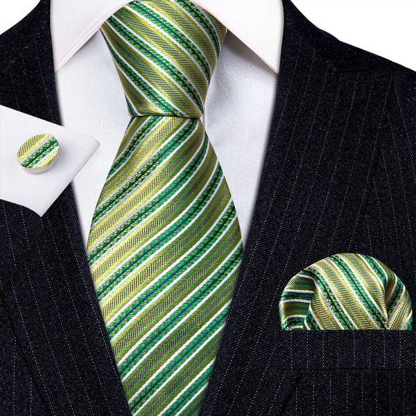 Spring Green Striped Silk Tie Pocket Square Cufflinks Set