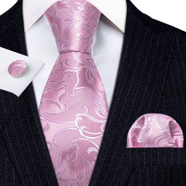Baby Pink Paisley Silk Tie Pocket Square Cufflinks Set