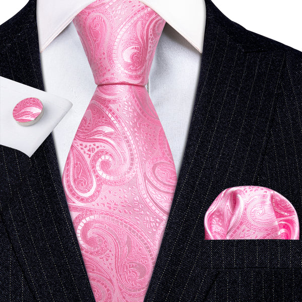 Fresh Pink Paisley Silk Tie Pocket Square Cufflinks Set