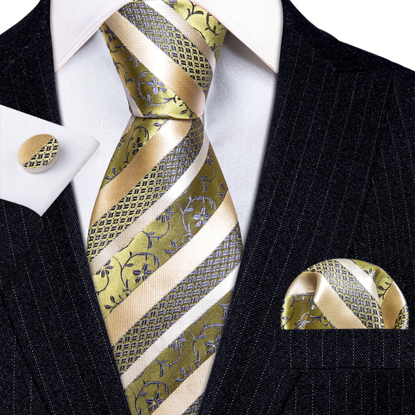 Yellow Champagne Strip Silk Tie Pocket Square Cufflinks Set
