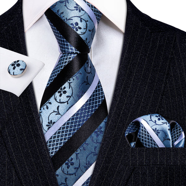 Blue White Black Strip Silk Tie Pocket Square Cufflinks Set