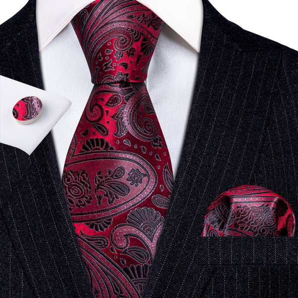 Deep Red Paisley Silk Tie Pocket Square Cufflinks Set