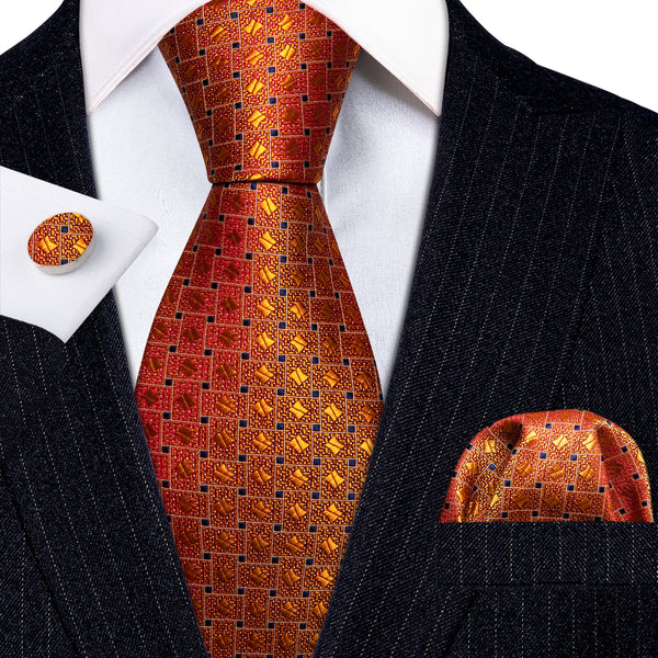 Orange Novelty Plaid Silk Tie Pocket Square Cufflinks Set