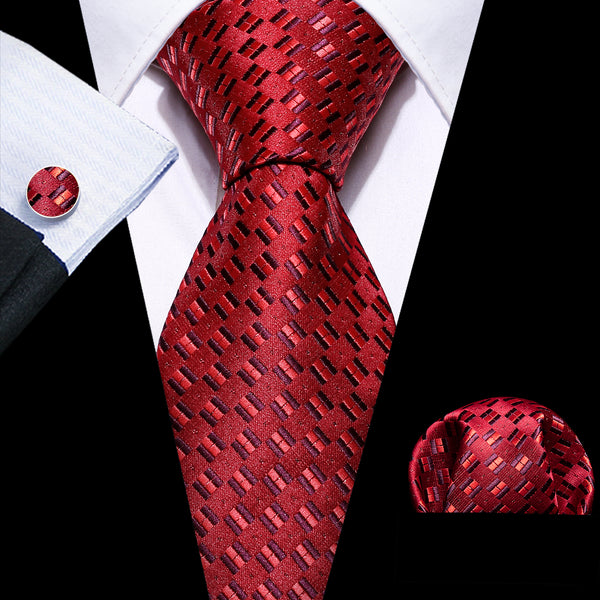 Classic Red Weave Novelty Silk Tie Pocket Square Cufflinks Set