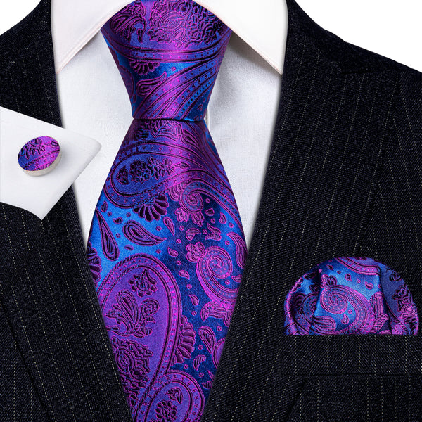 Royal Blue Purple Paisley Silk Tie Pocket Square Cufflinks Set