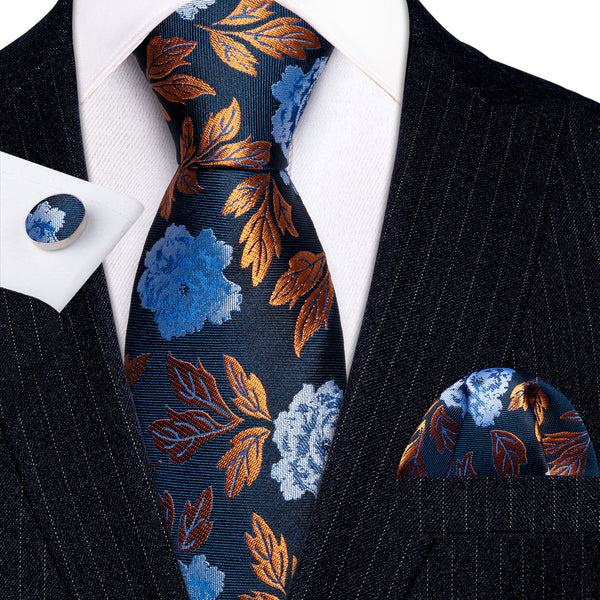 Blue Golden Leaves Paisley Silk Tie Pocket Square Cufflinks Set