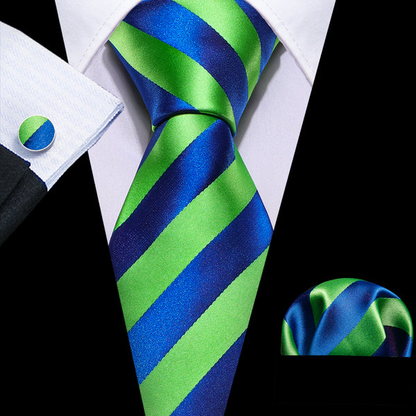 Blue Green Striped Silk Tie Pocket Square Cufflinks Set