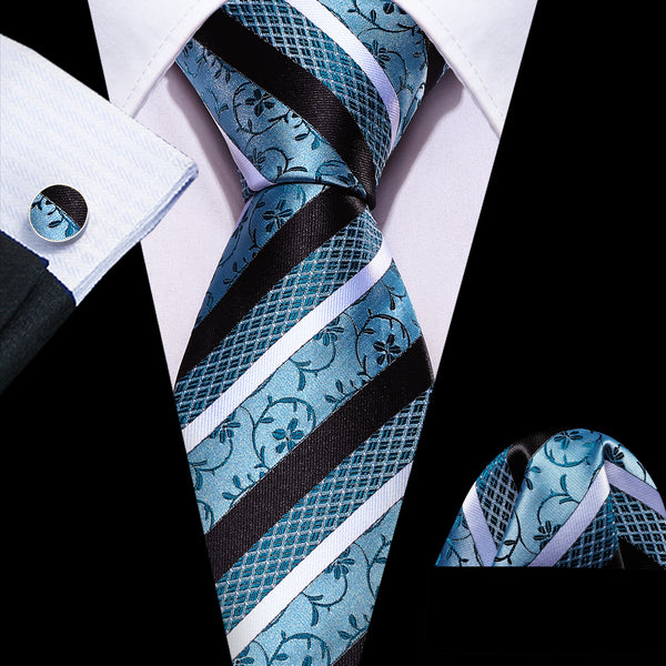 Lake Blue Floral Silk Tie Pocket Square Cufflinks Set