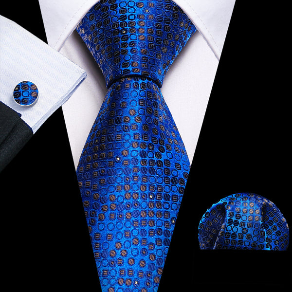 Deep Blue Golden Novelty Silk Tie Pocket Square Cufflinks Set