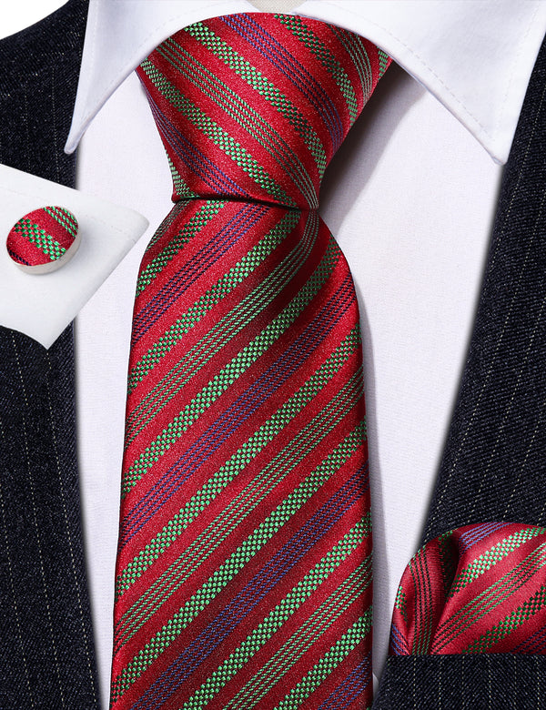 Red Green Blue Striped Silk Tie Pocket Square Cufflinks Set