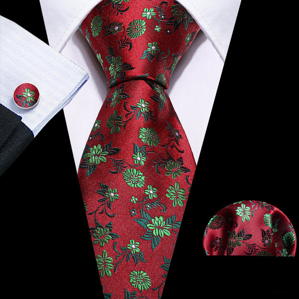 Red Green Floral Silk Tie Pocket Square Cufflinks Set
