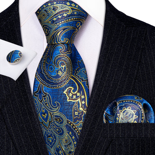 Blue Champagne Paisley Silk Tie Pocket Square Cufflinks Set