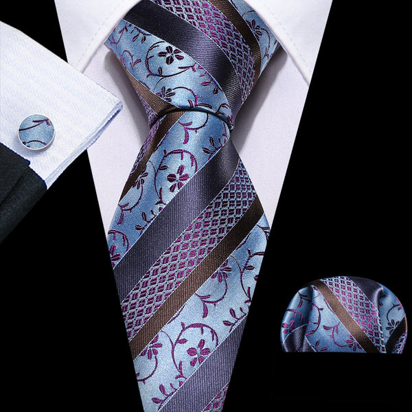 Blue Purple Floral Silk Tie Pocket Square Cufflinks Set