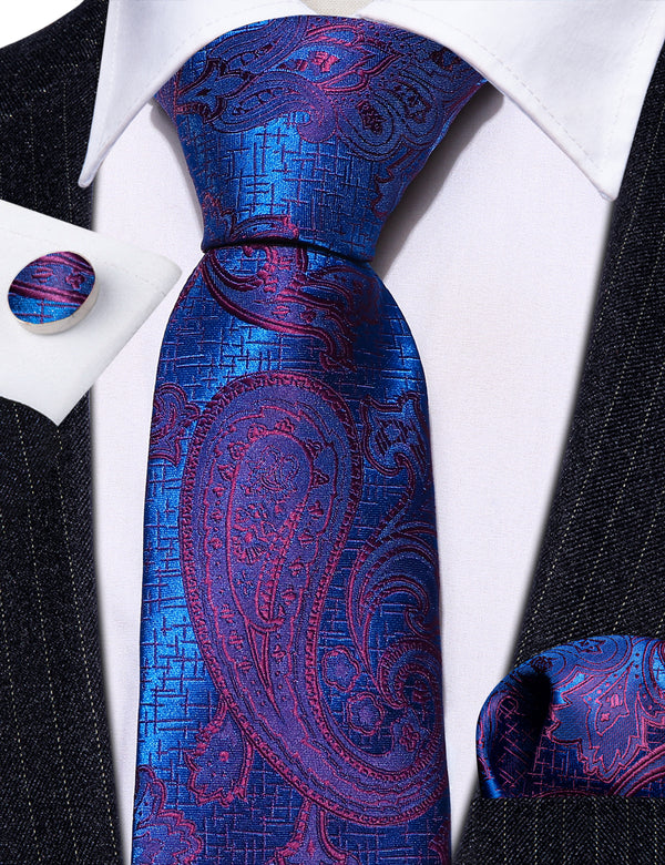 Blue Purple Paisley Silk Tie Pocket Square Cufflinks Set