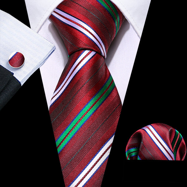 Red Green White Striped Silk Tie Pocket Square Cufflinks Set