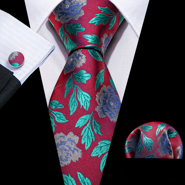 Red Blue Floral Silk Tie Pocket Square Cufflinks Set