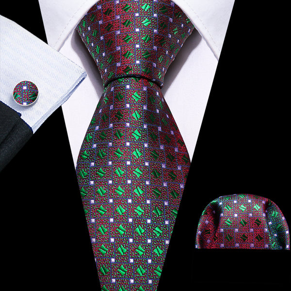 Red Green Novelty Silk Tie Pocket Square Cufflinks Set