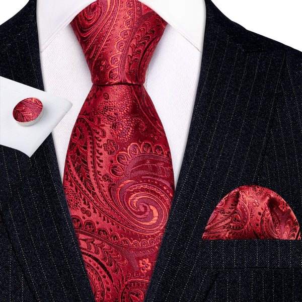 Beautiful Red Paisley Silk Tie Pocket Square Cufflinks Set
