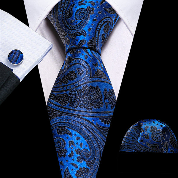 Ties2you Blue Tie Black Paisley Silk Tie Pocket Square Cufflinks Set