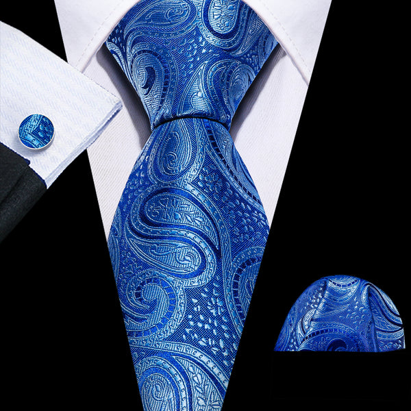 New Light Blue Paisley Silk Tie Pocket Square Cufflinks Set