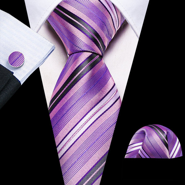 Purple Black Striped Silk Tie Pocket Square Cufflinks Set