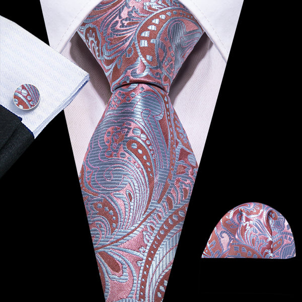 Pink Blue Floral Silk Tie Pocket Square Cufflinks Set