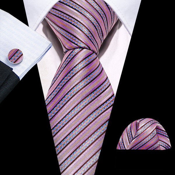 Purple Yellow Striped Silk Tie Pocket Square Cufflinks Set
