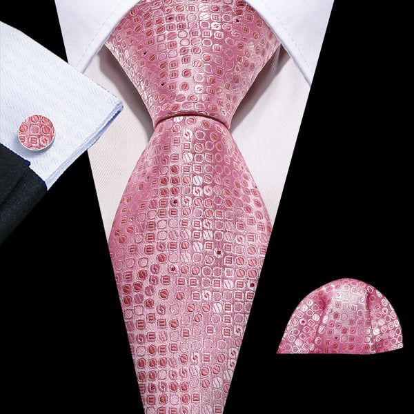 Spring Pink Novelty Silk Tie Pocket Square Cufflinks Set