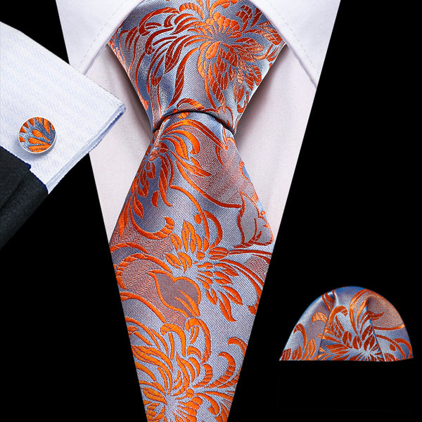 Orange Blue Floral Silk Tie Pocket Square Cufflinks Set