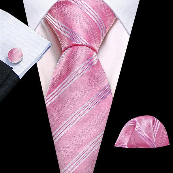 Pink White Striped Silk Tie Pocket Square Cufflinks Set