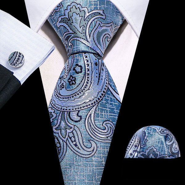 Blue Grey Paisley Silk Tie Pocket Square Cufflinks Set