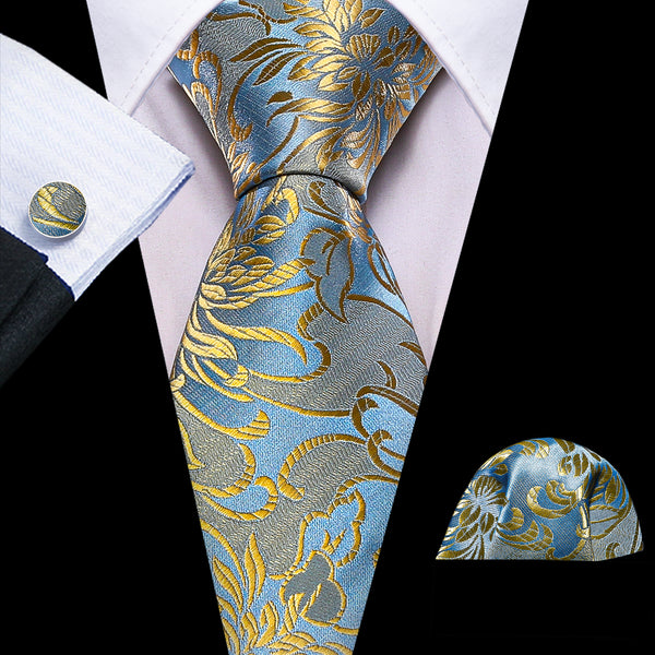 Blue Golden Floral Silk Tie Pocket Square Cufflinks Set