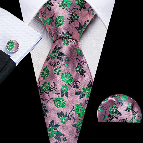 Ties2you Pink Tie Green Floral Silk Tie Pocket Square Cufflinks Set