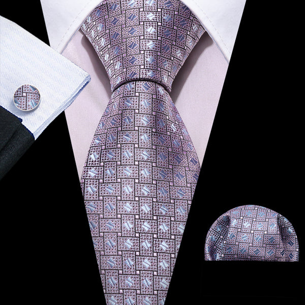 Purple Blue Novelty Silk Tie Pocket Square Cufflinks Set