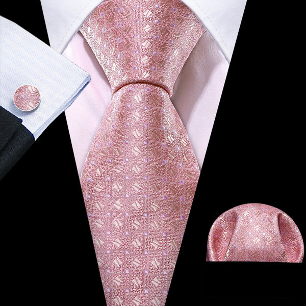 Pink Purple Novelty Silk Tie Pocket Square Cufflinks Set