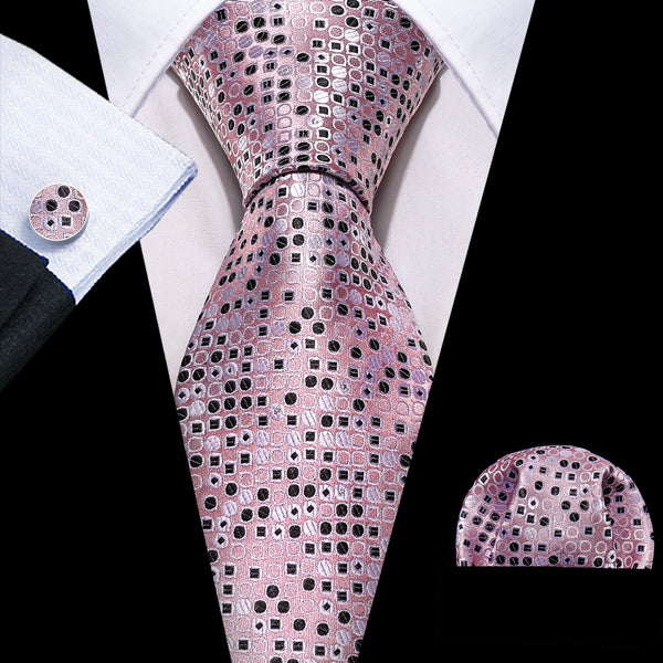 Pink Polka Dot Silk Tie Pocket Square Cufflinks Set