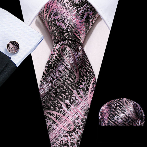 Pink Black Paisley Silk Tie Pocket Square Cufflinks Set