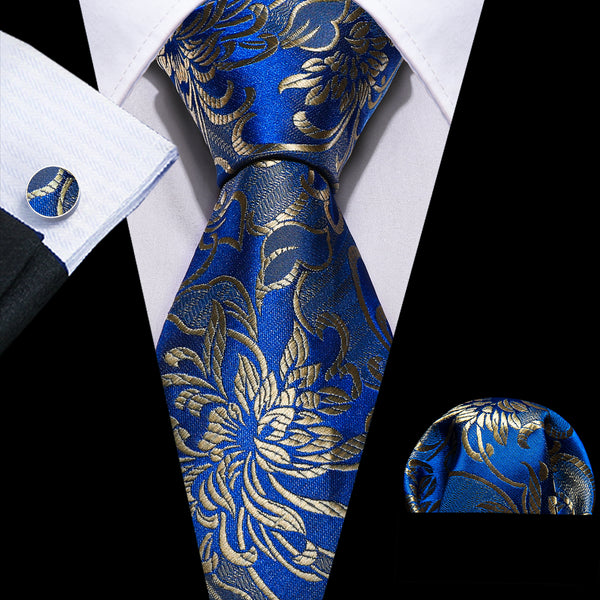 Blue Champagne Paisley Silk Tie Pocket Square Cufflinks Set