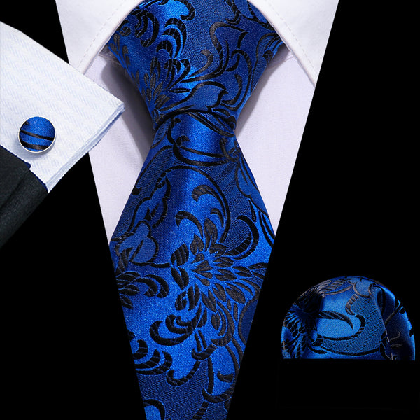 Blue Black Paisley Silk Tie Pocket Square Cufflinks Set