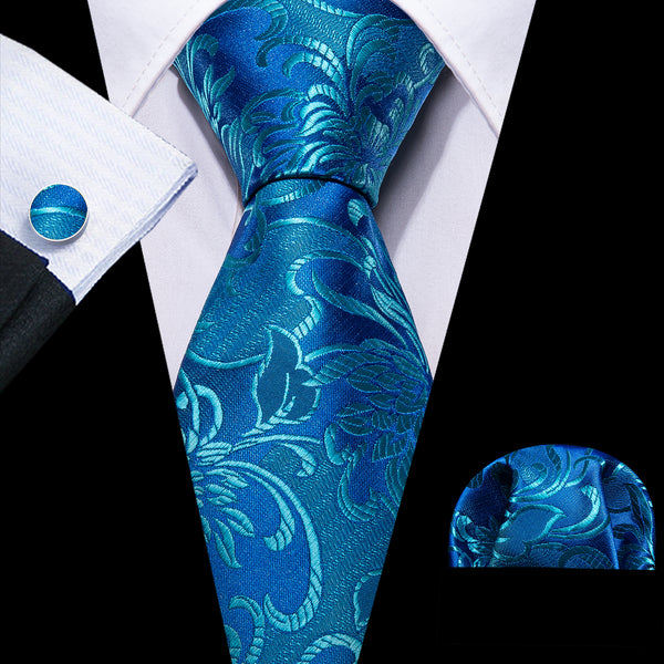 Teal Blue Floral Silk Tie Pocket Square Cufflinks Set